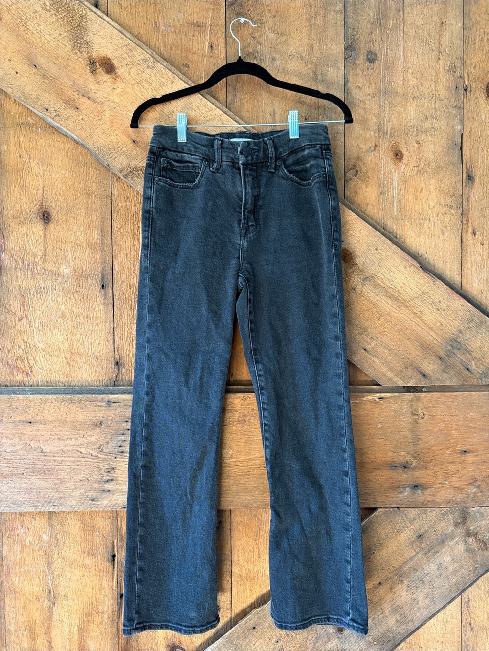 Good American Good Boy Boot Cut Jeans Washed Black Split Hem High Rise 2 26